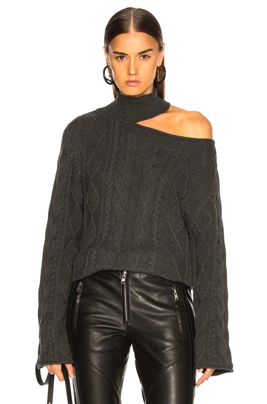 RTA Cut-Out Turtleneck Cable Knit Pullover Sweater Dark Gray Women's Medium